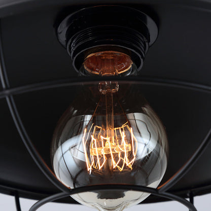 Contemporary Industrial Round Wire Mesh Iron 1-Light Semi-Flush Mount Ceiling Light For Living Room