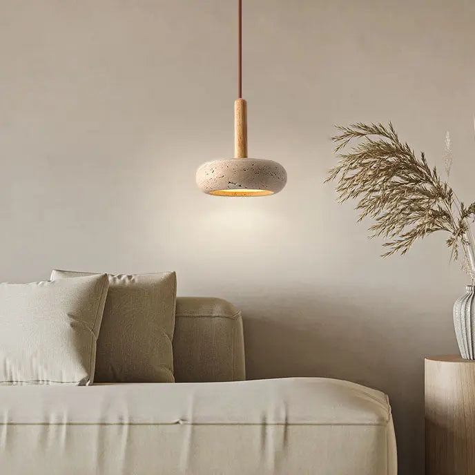 Traditional Japanese Round Wood Yellow Travertine LED Pendant Light for Bedroom modern luxury lighting fixture