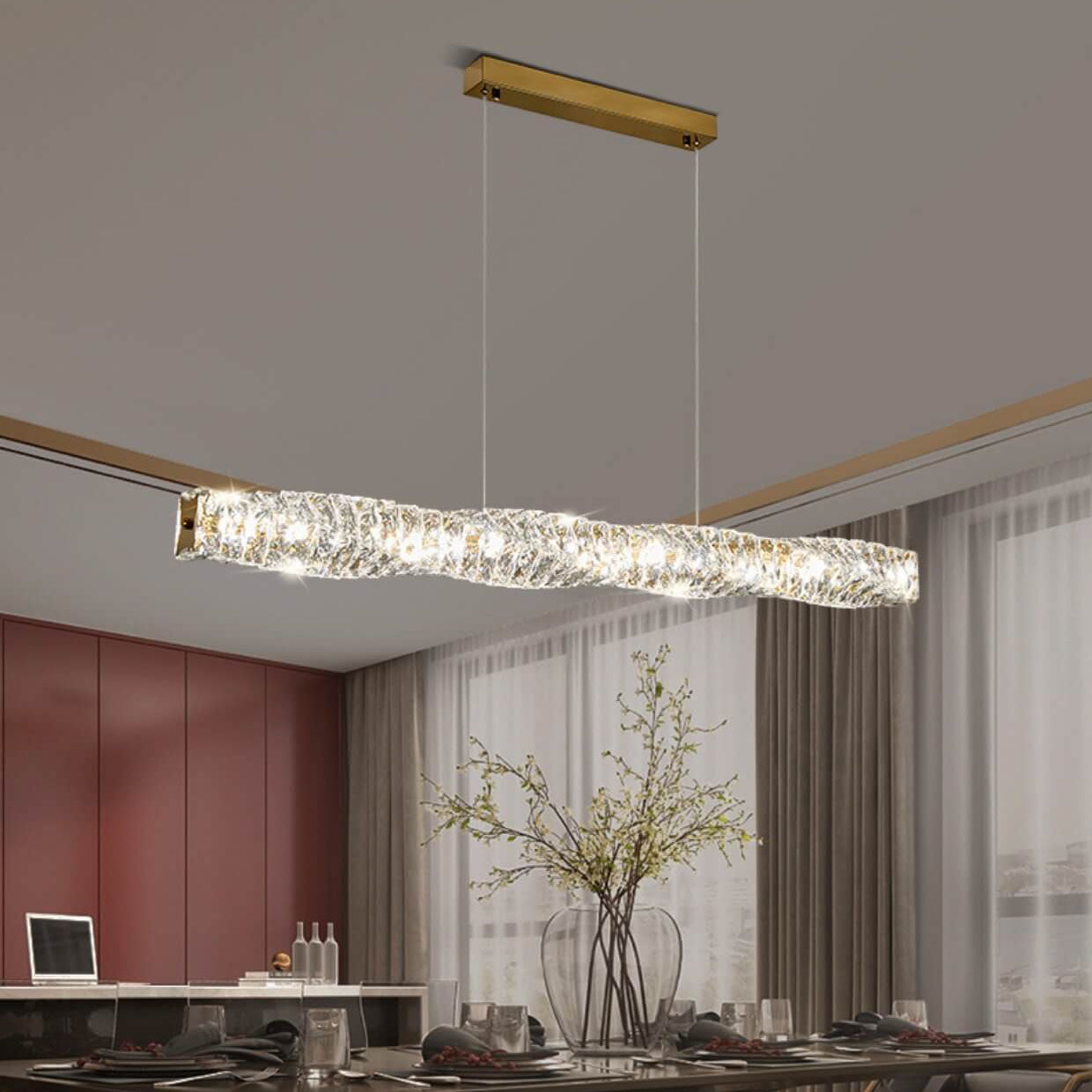 Modern Simplicity Stainless Steel Crystal Strip LED Island Light Pendant Light for Dining Room