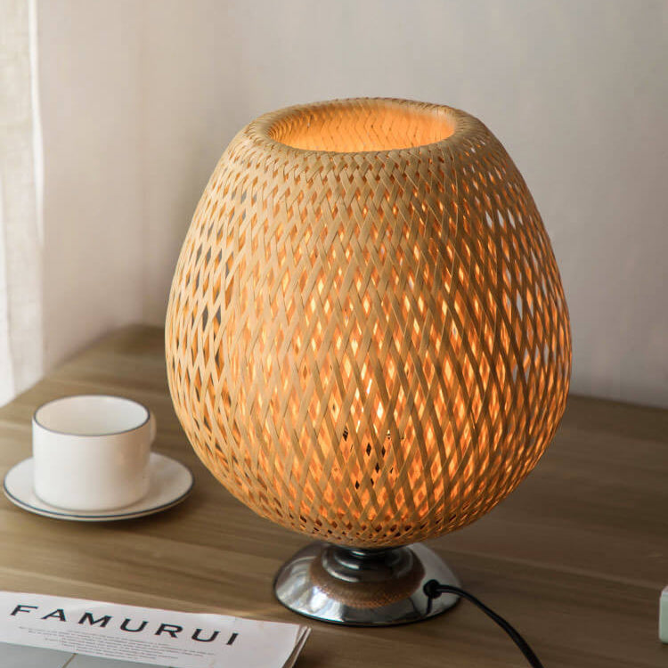 Traditional Chinese Moso Bamboo Wood Iron Weaving Oval Round 1-Light Table Lamp For Bedroom Lumendat