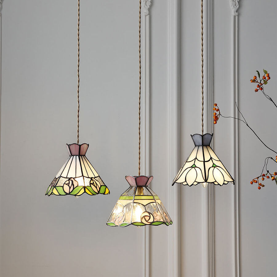Vintage Tiffany Rose Flower Conical Stained Glass 1-light Pendant Light BulbSquare