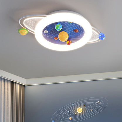 Modern Minimalist Children Round Planet Iron Resin Acrylic LED Flush Mount Ceiling Light for Bedroom