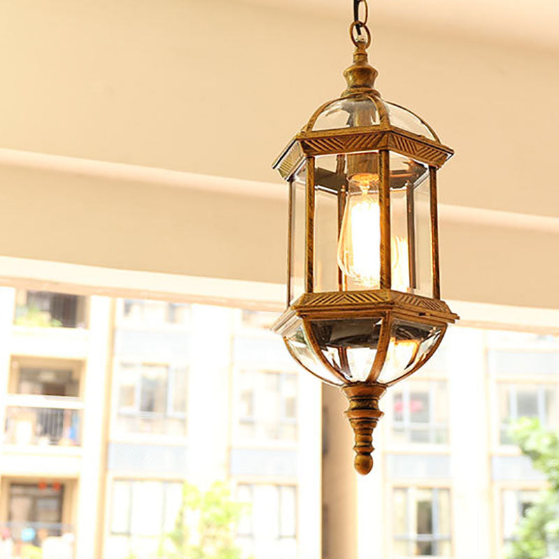 Contemporary Retro Hexagonal Lantern Glass Aluminum 1-light Waterproof Pendant Light for Outdoor Patio BulbSquare