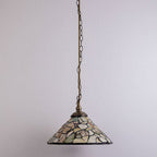European Vintage Jade Stained Glass Cone Brass 1-Light Pendant Light