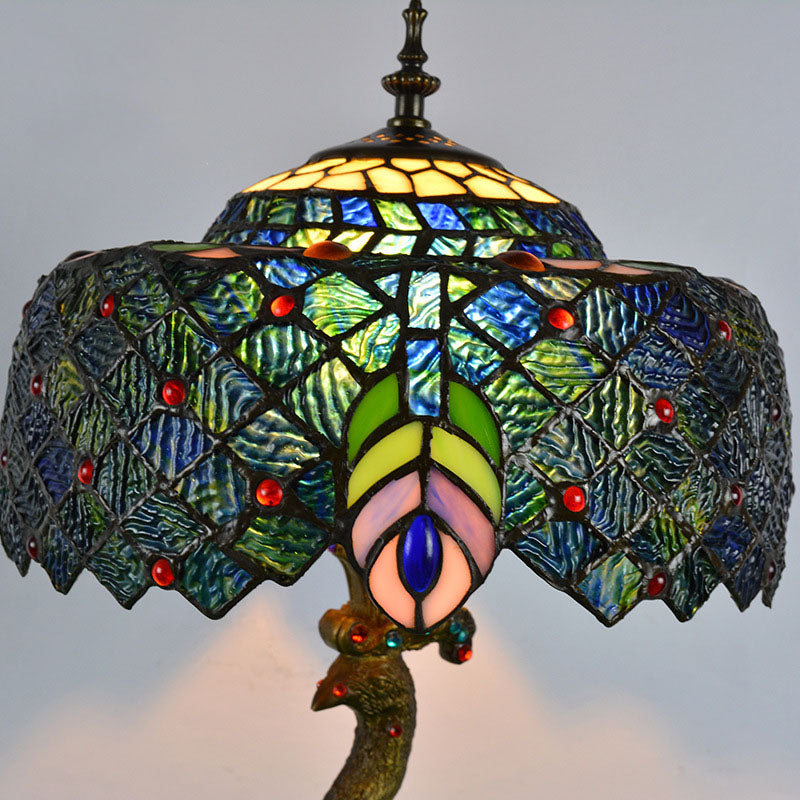 Vintage Tiffany Peacock Gem Dome Glass Resin 1-Light Table Lamp Lumendat