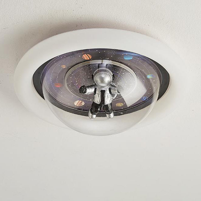 Contemporary Creative Cartoon Planet Resin Astronaut Acrylic Round Shade LED Kids Flush Mount Ceiling Light for Bedroom