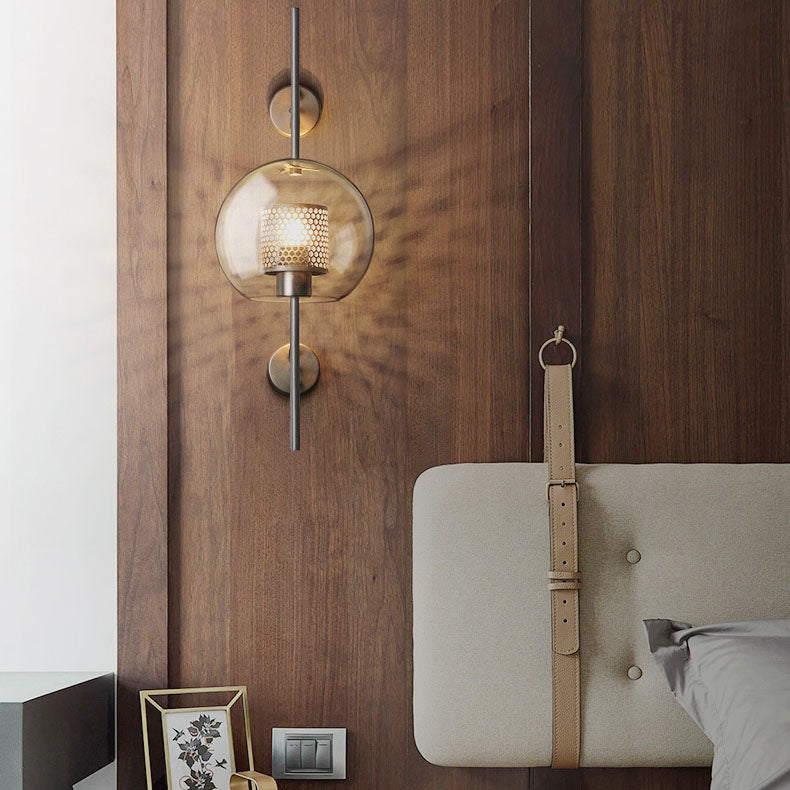 Contemporary Industrial Iron Finish Frame Spherical Glass Shade 1-Light Wall Sconce Lamp For Bedroom Lumendat