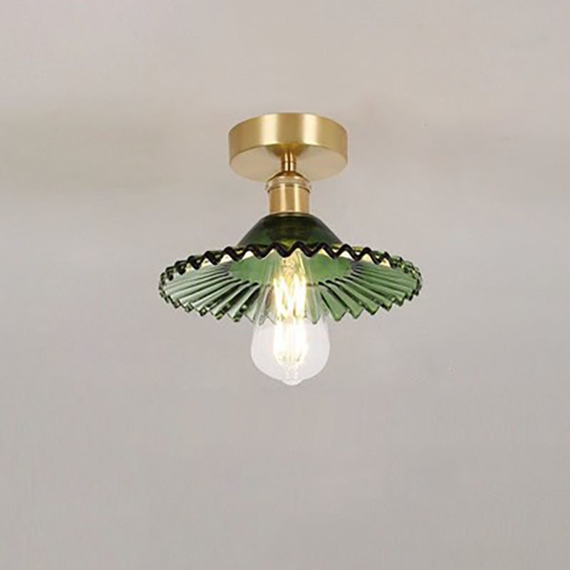 Japanese Vintage Glass Brass Lotus 1-Light Semi-Flush Mount Ceiling Light Lumendat