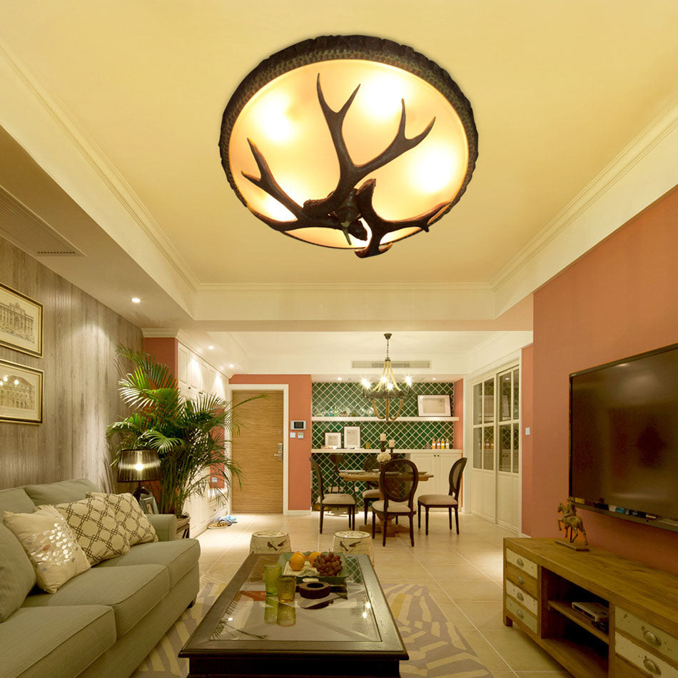 Vintage Industrial Antler Resin Glass Round 2/3/5 Light Flush Mount Ceiling Light