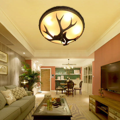 Vintage Industrial Antler Resin Glass Round 2/3/5 Light Flush Mount Ceiling Light