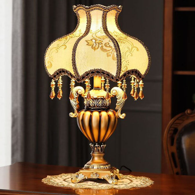 Traditional European Vintage Fabric Beaded Curtain Resin Base Palace 1-Light Table Lamp For Study Lumendat