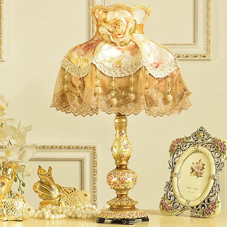 Contemporary Scandinavian Sculpted Floral Resin Iron Metal Fabric 1-Light Table Lamp For Bedroom Lumendat