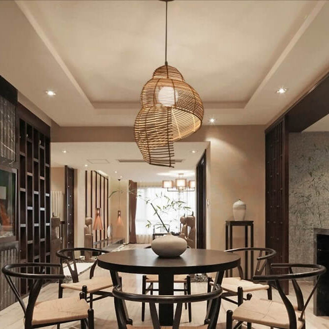 Vintage Rattan Weaving 1-light Conch Pendant Light BulbSquare