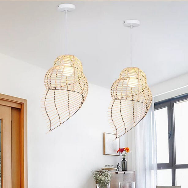 Vintage Rattan Weaving 1-light Conch Pendant Light BulbSquare