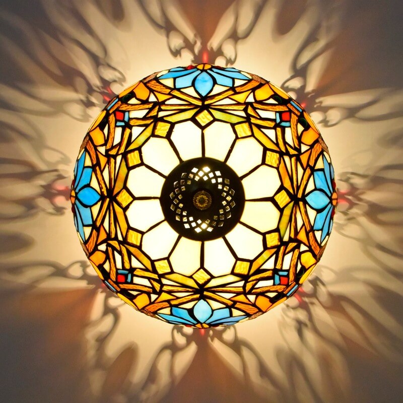 Vintage Tiffany Stained Glass Bowl Shape 2-light Flush Mount Ceiling Light