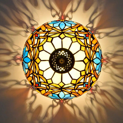 Vintage Tiffany Stained Glass Bowl Shape 2-light Flush Mount Ceiling Light