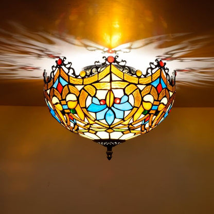 Vintage Tiffany Stained Glass Bowl Shape 2-light Flush Mount Ceiling Light