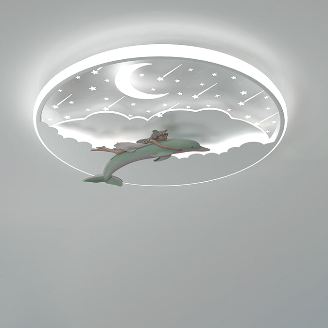 Modern Art Deco Dolphin Round Acrylic Iron LED Flush Mount Ceiling Light for Living Room