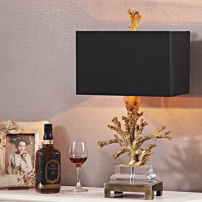 Modern Art Deco Linen Resin Crystal Coral Base 1-Light Table Lamp For Bedroom Lumendat