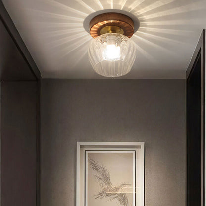 Modern Dome Glass Wooden Base 1-light Semi-flush Mount Ceiling Light