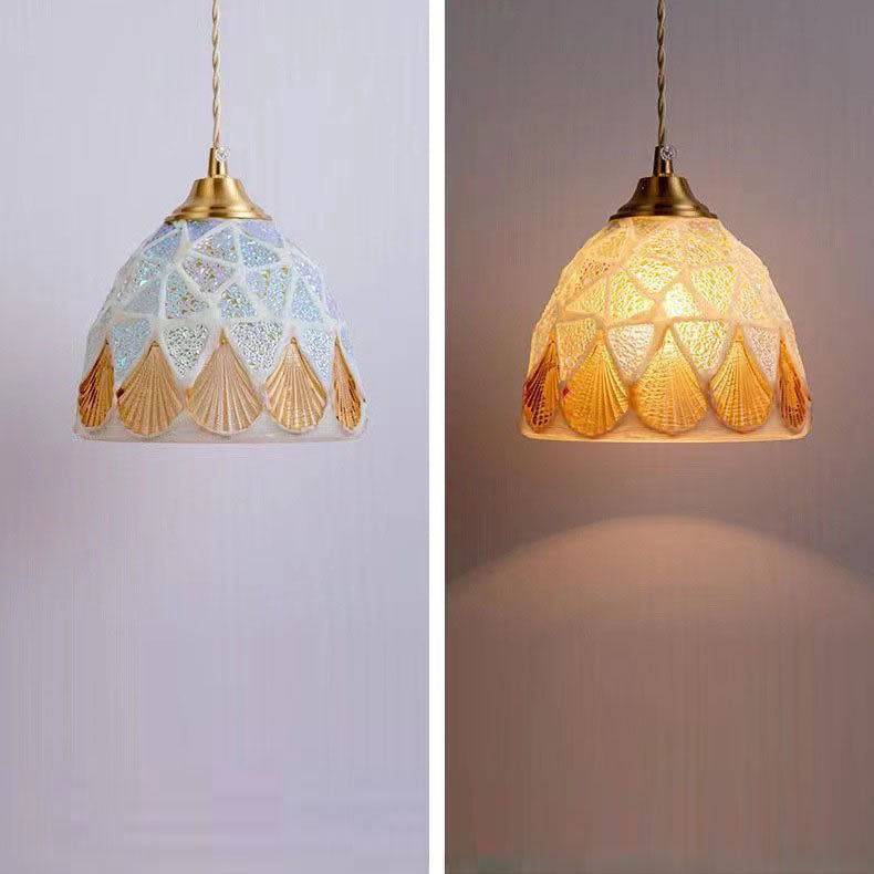 Traditional Tiffany Shell Decor Stained Glass Semicircle 1-light Pendant Light for Bedroom BulbSquare