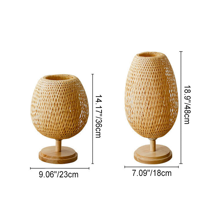 Traditional Chinese Moso Bamboo Wood Iron Weaving Oval Round 1-Light Table Lamp For Bedroom Lumendat