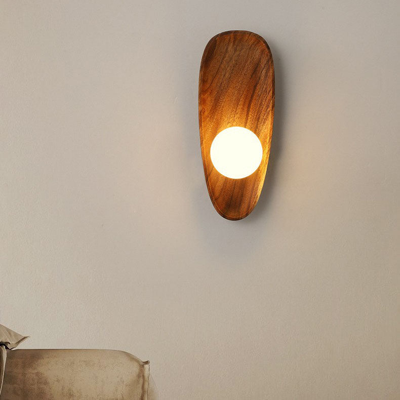 Traditional Japanese Irregular Oval Plate Wood Glass LED Wall Sconce Lamp For Bedroom Lumendat