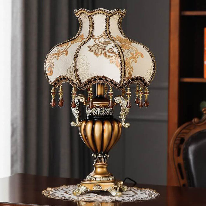 Traditional European Vintage Fabric Beaded Curtain Resin Base Palace 1-Light Table Lamp For Study Lumendat