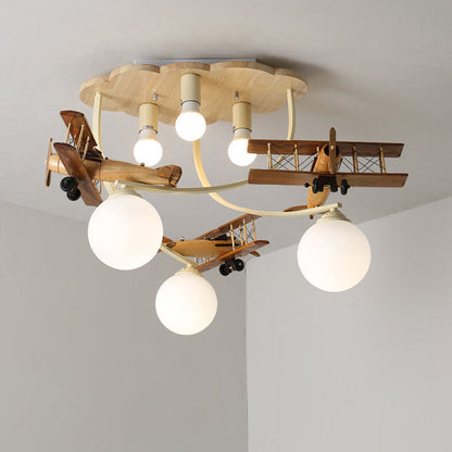 Contemporary Nordic Kids Iron Rubber Wood Glass Plane Cloud Ball 6-light Flush Mount Ceiling Light for Bedroom