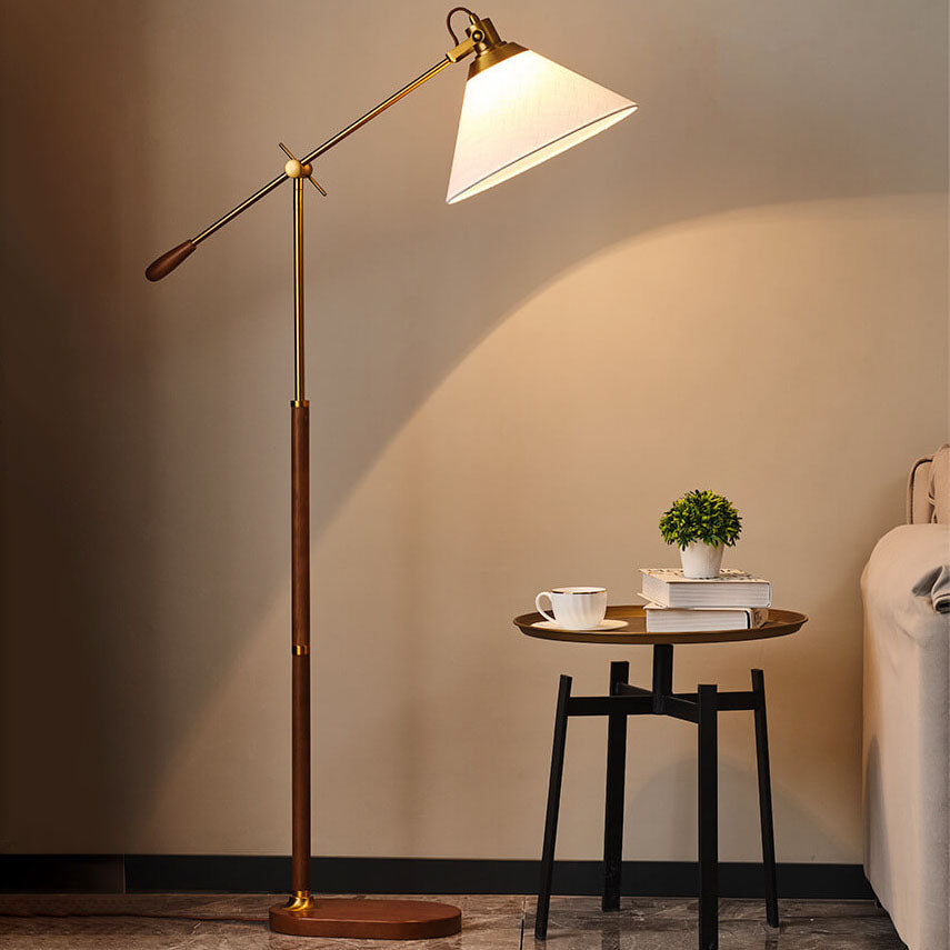 Traditional Vintage Fabric Cone Metal Ash Wood 1-Light Standing Floor Lamp For Bedroom Lumendat