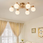 Traditional Japanese Wabi-sabi Rubberwood Hardware Glass 3/6/8-Light Flush Mount Lighting For Living Room Lumendat