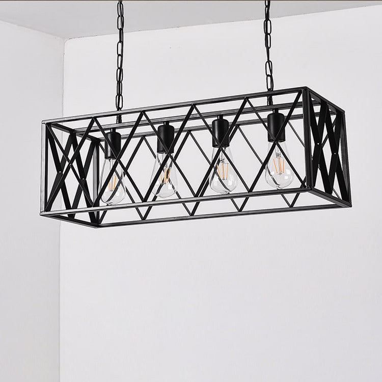 Traditional Farmhouse Rectangular Geometric Iron Cage 4/6 Light Island Light Chandelier for Dining Room