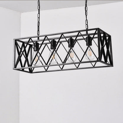 Traditional Farmhouse Rectangular Geometric Iron Cage 4/6 Light Island Light Chandelier for Dining Room