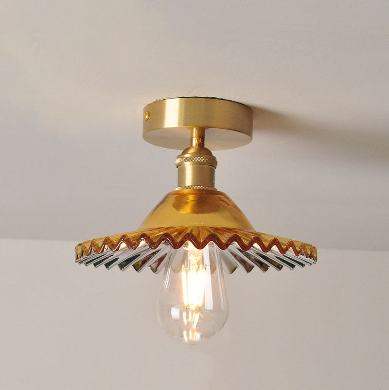Japanese Vintage Glass Brass Lotus 1-Light Semi-Flush Mount Ceiling Light Lumendat