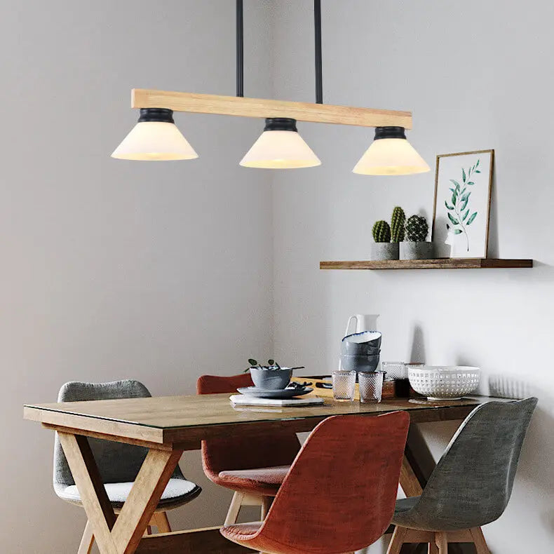 Nordic Solid Wood Cone Glass Shade 3/4 Light Island Light Chandelier BulbSquare