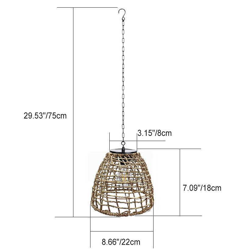 Traditional Rustic Iron Net Rattan Weaving Cage LED Solar Waterproof Pendant Light for Outdoor Patio BulbSquare