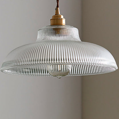 Traditional Vintage Ribbed Glass Disc Shade Brass 1-light Pendant for Living Room