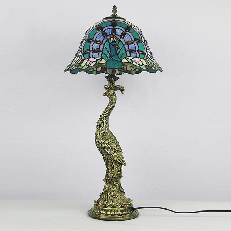 Vintage Tiffany Peacock Gem Dome Glass Resin 1-Light Table Lamp Lumendat