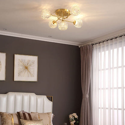 Mid-century Modern Round Copper Crystal Glass 5-light Semi-flush Mount Ceiling Light