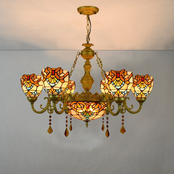 Traditional Tiffany Bead Dome Baroque Iron Glass Alloy 8/11 Light Chandeliers for Living Room