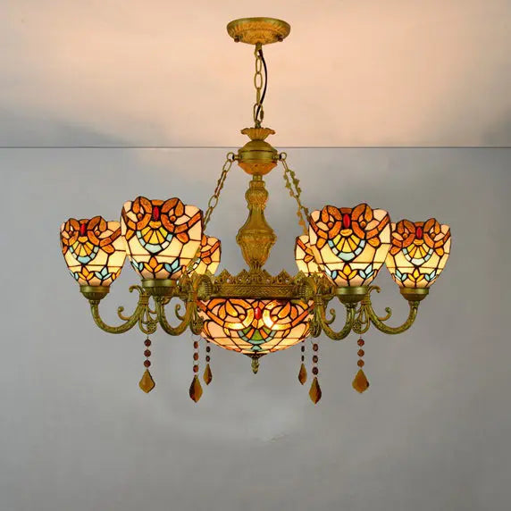 Traditional Tiffany Bead Dome Baroque Iron Glass Alloy 8/11 Light Chandeliers for Living Room BulbSquare
