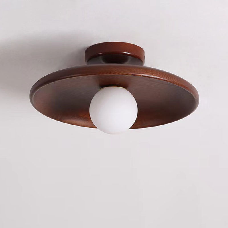Modern Simplicity Rubberwood Glass Round 1-Light Semi-Flush Mount Ceiling Light For Hallway Lumendat