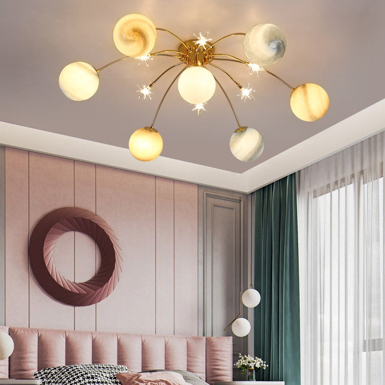 Contemporary Creative Starry Sky Moon Iron Glass 13-light Semi-flush Mount Ceiling Light for Bedroom