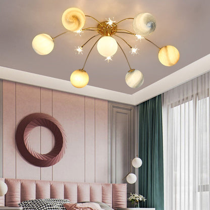 Contemporary Creative Starry Sky Moon Iron Glass 13-light Semi-flush Mount Ceiling Light for Bedroom