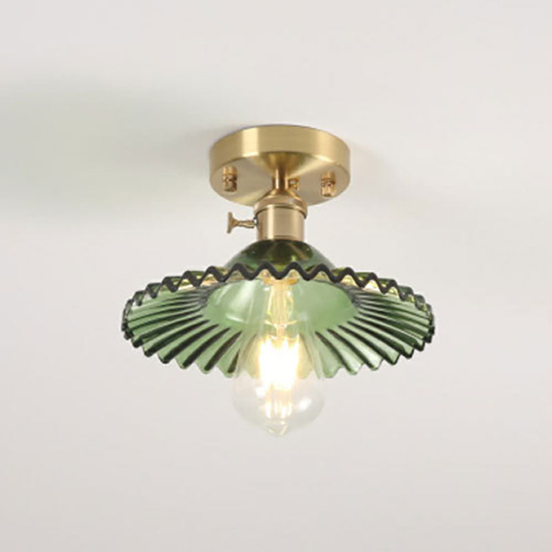 Japanese Vintage Glass Brass Lotus 1-Light Semi-Flush Mount Ceiling Light Lumendat