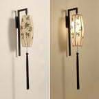 Chinese Vintage Painted Fabric Lantern Tassel 1-Light Wall Sconce Lamp