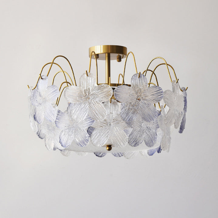 Traditional French Flower Iron Glass 5/6 Light Semi-Flush Mount Ceiling Light For Bedroom