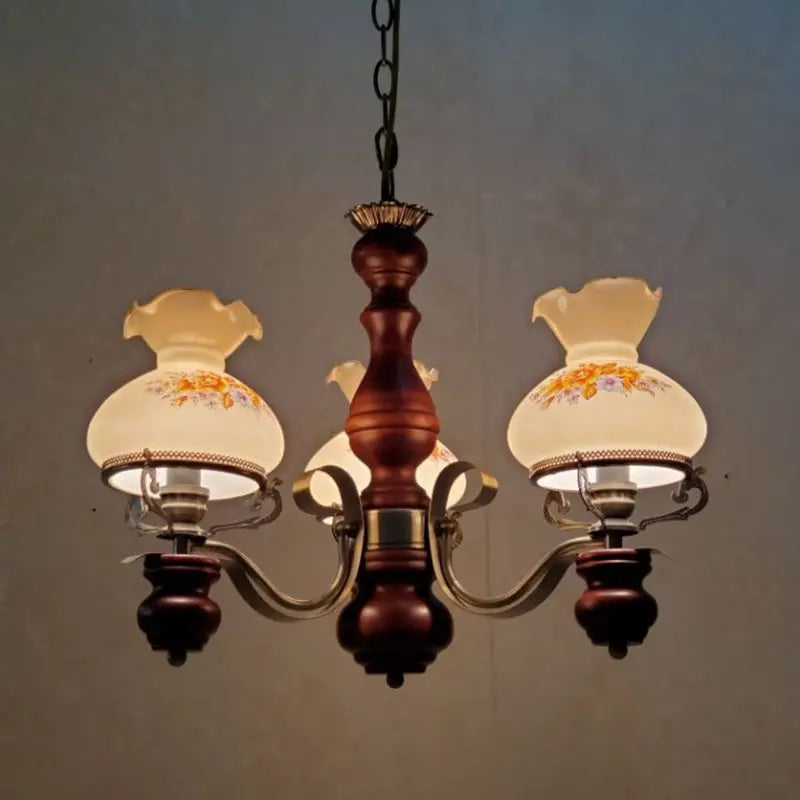 Traditional Rustic Candelabra Round Flower Iron Solid Wood 3-light Chandelier for Living Room BulbSquare