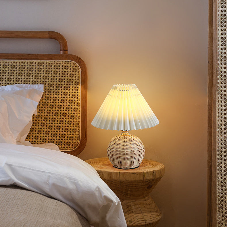 Contemporary Nordic Rattan Fabric Pleated Conic Ball LED Table Lamp For Bedroom Lumendat