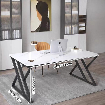 Stone Slab Top Office Desk with Carbon Steel Frame - Modern Minimalist Rectangular Desk for Home Office